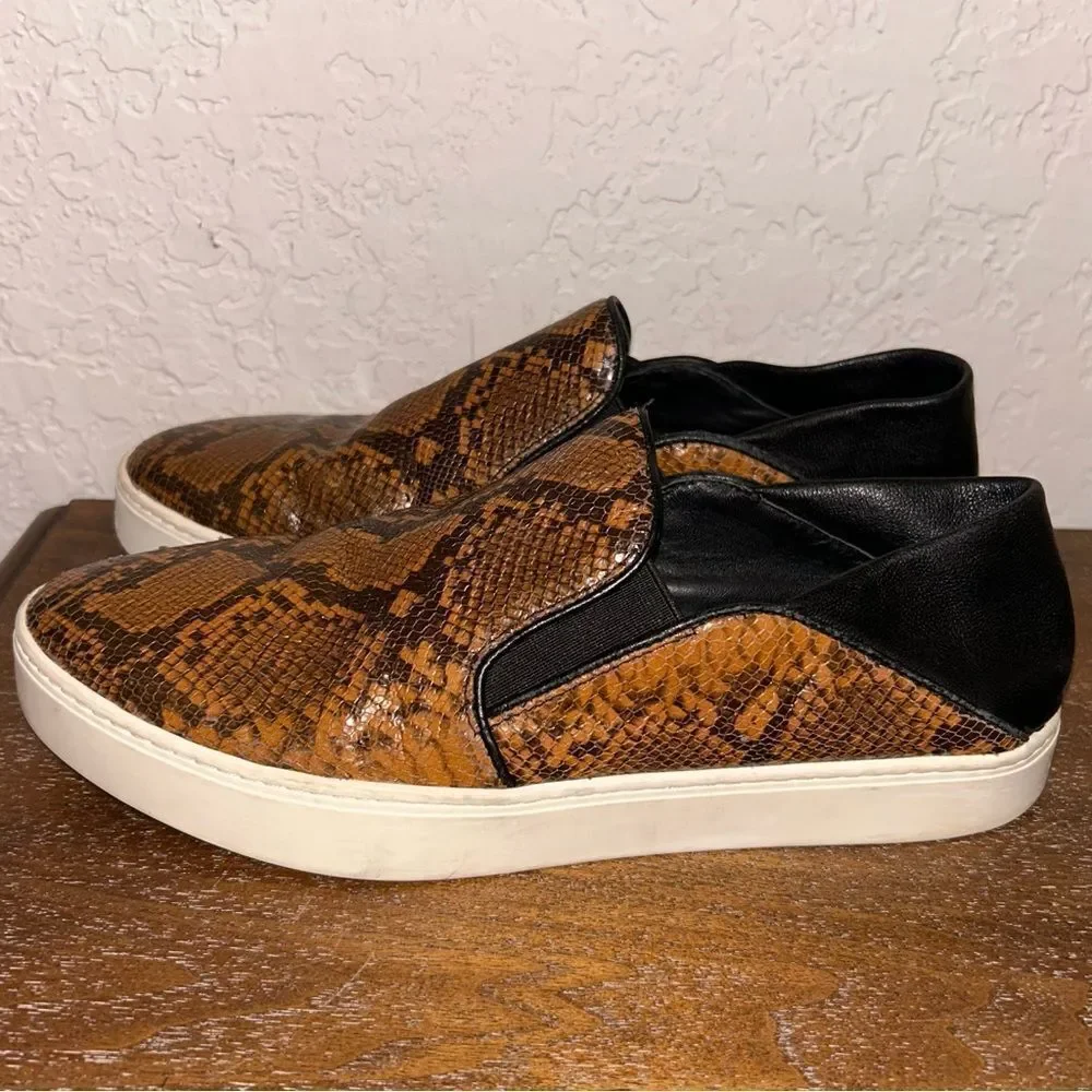 Vince Leather Snakeskin Print Slip On Loafer Shoes